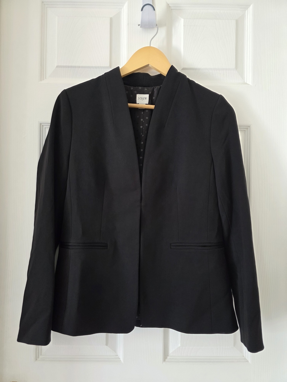 J.Crew "Going-Out" Collarless Blazer in black stretch twill. Women's size 6.
